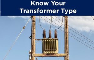 Electric transformer at top of two wooden poles with sky in background and words ‘Know Your Transformer Type’ across the top of the image.