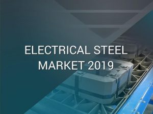 A picture of an electrical transformer core being manufactured with the text “Electrical Steel Market 2019”
