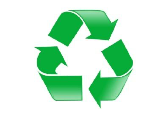 3 green arrows pointing towards each other shaped in a triangle, commonly known as the “recycle” symbol, on a shiny steel background.