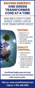 Blue and white infographic on the topic of Saving Energy: One Green Transformer Core at a Time through the design, testing and quality control facts.