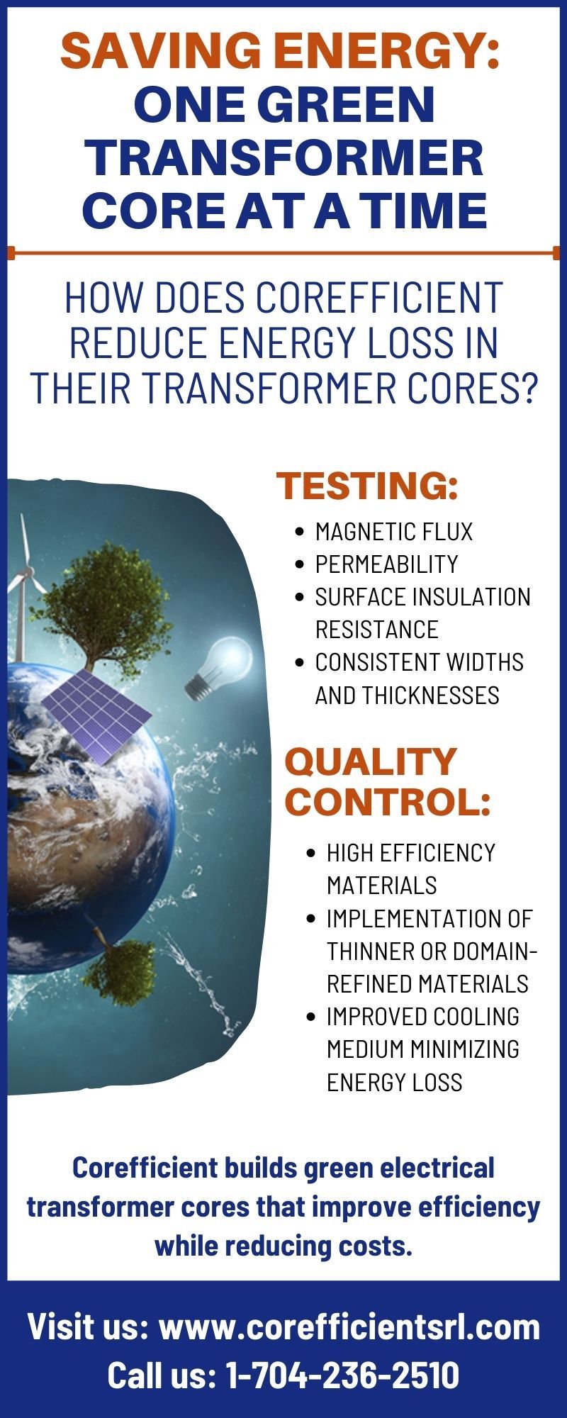 Blue and white infographic on the topic of Saving Energy: One Green Transformer Core at a Time through the design, testing and quality control facts.