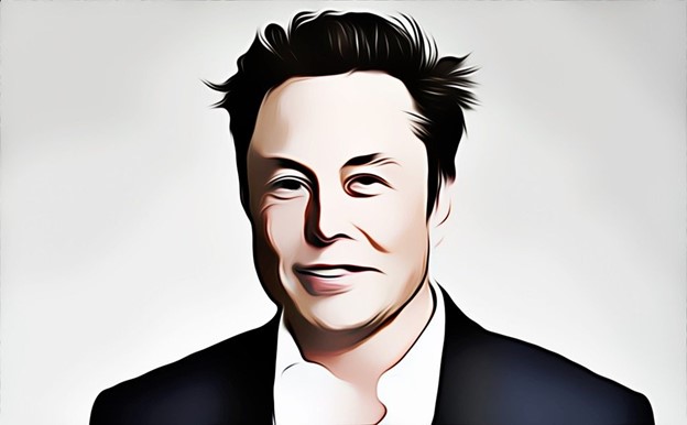 A digital graphic depicting environmentalist Elon Musk, with disheveled hair, an open shirt, and a half-grin.