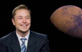 A picture of a smiling Elon Musk, wearing a suit coat, white shirt, and striped tie, while next to him, there is a large photograph of Mars.
