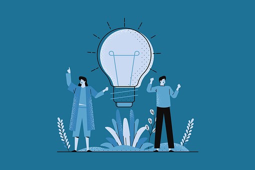 On a blue background, a digital rendering of two people holding up their arms in triumph with wild plants around their feet and a large lightbulb gives off light between them.