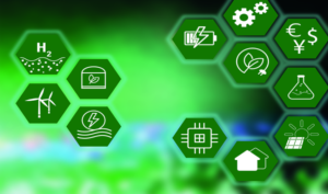 A green background behind digital hexagons with different symbols representing different kinds of energy, like solar, wind, hydroelectric energy, and other icons related to the energy grid and science.