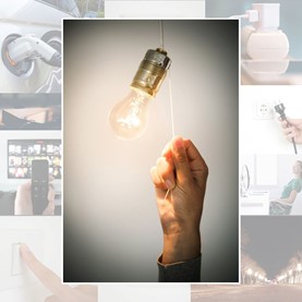 A photograph of a hand pulling a string to turn on a lightbulb. Behind the photograph is a photo collage of numerous ways of using electricity in homes, cars, and streets