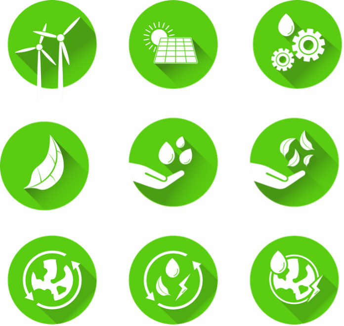 Graphic with 9 circular, light green sustainability energy icons.