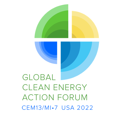 GCEAF’s logo that looks like a circular fan, divided into four portions, with green, yellow, and two shades of blue quarters clockwise. The words “Global Clean Energy Action Forum” are under the logo in green font and the location and date of the event are below, in a blue font.