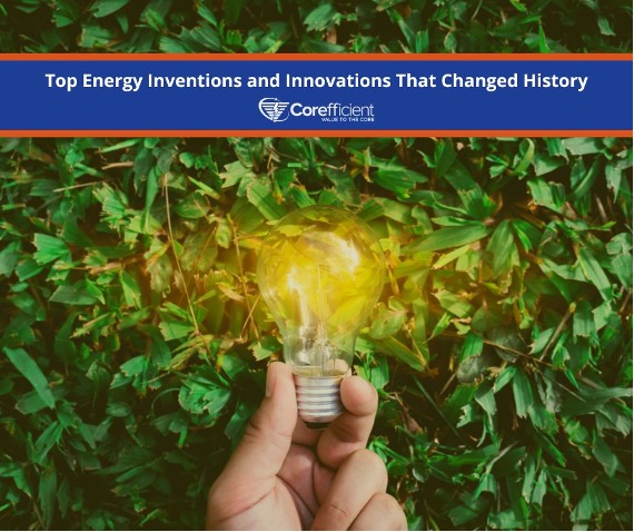 Photo of a hand holding a lit light bulb radiating its light against a background full of green leaves. At the top is an orange and blue banner with the text, “Top Energy Inventions and Innovations That