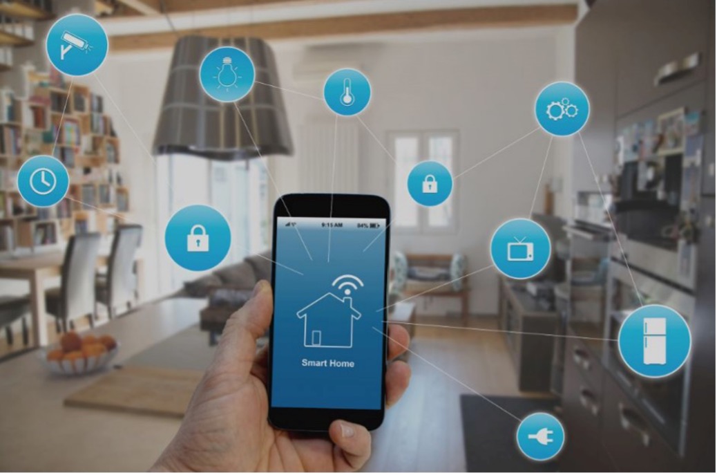 Blurred photo of a home with a hand holding a phone up while looking at a Smart Home hub application to control home appliances. There are blue and white interconnecting web circles with logos of many Smart Home technology functions including being able to control a TV, refrigerator, security cameras, a clock, HVAC, and many more.