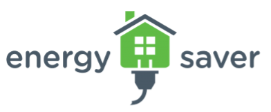 An icon representing a house in green with a dark blue roof above a dark blue electrical plug and the word “energy” to the left and “saver” on the right.