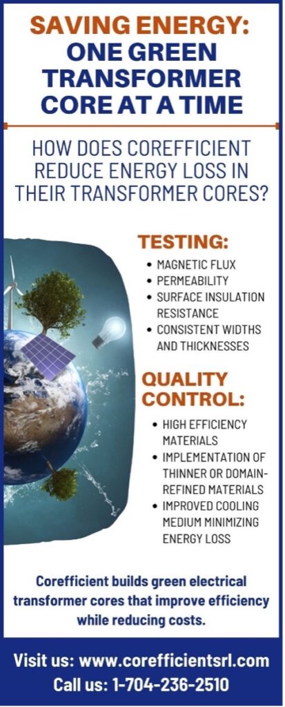 An infographic listing how Corefficient reduces energy loss in their transformer cores by testing and quality control. It has their contact details at the bottom and on the left side of the graphic is Earth with electric equipment and generating methods along with trees.