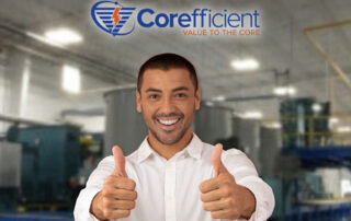 Blurred-out image of the Corefficient facility in the center of the image is a smiling man giving two thumbs up. The Corefficient logo is placed over his head, and five stars are positioned on top of it, with the middle star being the largest and the corners being the smallest.