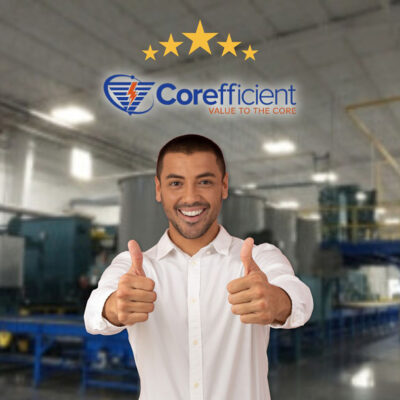 Blurred-out image of the Corefficient facility in the center of the image is a smiling man giving two thumbs up. The Corefficient logo is placed over his head, and five stars are positioned on top of it, with the middle star being the largest and the corners being the smallest.