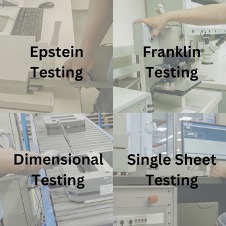 Several images of a person using a raw materials testing machine. From top left to bottom right are the words: Epstein Testing, Franklin Testing, Dimensional Testing, and single sheet testing.