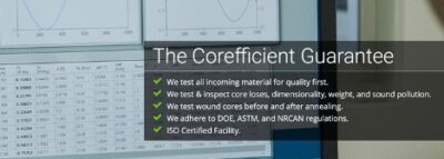 Computer screen showing testing software overlaid with Corefficient’s transformer core testing guarantee.
