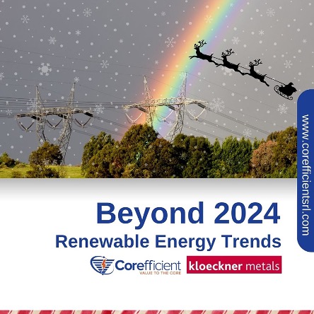 Electrical transformers, towers, and wires on a horizon after a storm with a vibrant rainbow, faded snow fall, and a Christmas sleigh behind, and the words, “Beyond 2024: Renewable Energy Trends” and Corefficient’s logo below the image.