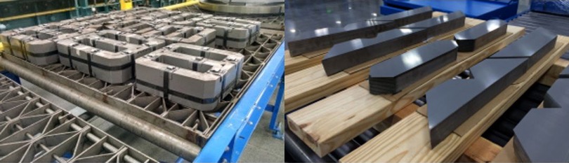 Left image: A number of distributed gap cores sitting on top of a steel assembly line. Right image: An array of step lap full mitre core sitting on a wooden platform.