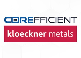 The logo of transformer core manufacturer, Corefficient in bold blue uppercase letters, situated above the logo of Kloeckner Metals, which is presented in white letters on a red background. The logos are set against a white backdrop with a subtle hexagonal design.