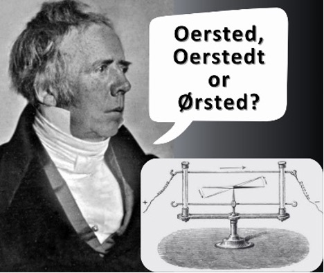 The historical figure is Hans Christian Ørsted, a Danish physicist and chemist who discovered the connection between electricity and magnetism in 1820. The spelling of his name varies depending on the language and the use of the unique character "Ø." People often write it as 'Oersted' or 'Oerstedt' in English. In contrast, in Danish and other Scandinavian languages, it is written as "Ørsted" or "Ørstedt." The illustration shows his famous experiment, where he observed a compass needle deflected by an electric current flowing through a wire.