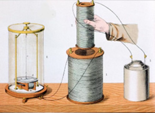In this vintage illustration, we see a hand manipulating a device consisting of a coil wound around a cylindrical form. This image is related to the experiments conducted by Michael Faraday and William Sturgeon on electromagnetic induction and electromagnetism.