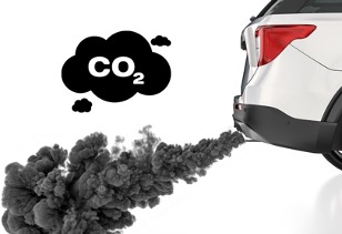 A graphic concept representing carbon emissions. A white car with its rear and tailpipe visible emits a dark cloud of smoke, with the smoke morphing into a thought bubble containing “CO2.”